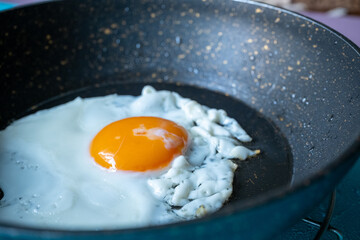 fried egg in a frying black pan