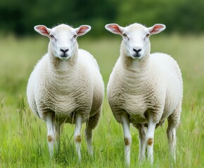 Obraz premium Two white Texel sheep, a muscular breed of domestic sheep