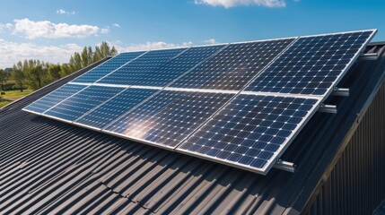 Solar panels reflecting sunlight on a rooftop vibrant blue sky dynamic angle conveying hope for sustainable energy solutions