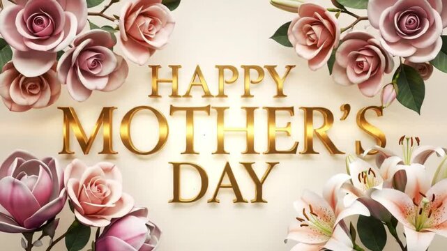 Golden mother&rsquo;s day typography with pastel 3d flowers and soft glow