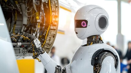 Fototapeta premium Airplane Inspection Concept, Advanced Robot Scanning Aircraft Underbelly for Metal Components in Modern Aerospace Workshop