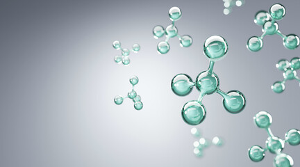 3D glass molecule structure representing active ingredients in skincare or haircare formulas, highlighting innovation, hydration, and scientific beauty.
