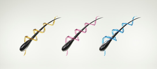 3D render of three hair strands wrapped in colorful active serums, symbolizing targeted haircare solutions: repair, nourish, and hydrate.
