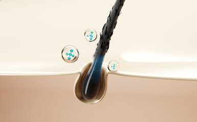 High-end 3D render of a hair follicle infused with active molecules and hydration, showcasing precision scalp care and advanced hair restoration technology.