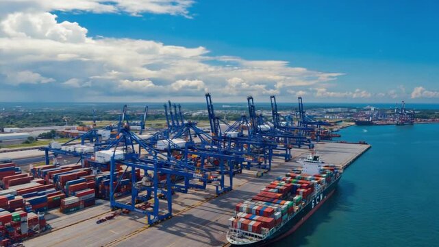 Aerial overhead reverse time-lapse container ship busy port, containers reloaded ship, cranes swinging backward, trucks driving reverse, surreal flow time, late afternoon golden light, surreal twist