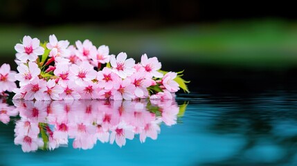 Delicate Pink Cherry Blossoms Floating on Calm Blue Water Surface