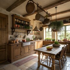 Rustic Farmhouse Kitchen with Hanging Pots and Open Shelves in Warm Wood Tones &mdash; 3D Rendering

