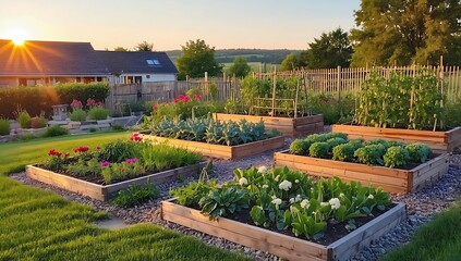 Obraz premium Sunset over a Lush Home Garden
