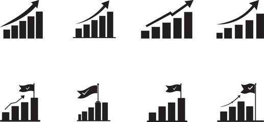 Obraz premium Set of black business icons depicting growth, progress, and success with bar graphs and arrows.