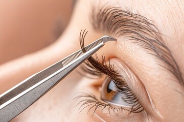 A beauty professional applies individual eyelash extensions to enhance the client's eyes.