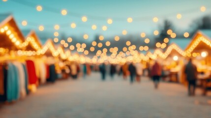Obraz premium Festive Market with Twinkling Lights and Bokeh Atmosphere at Dusk