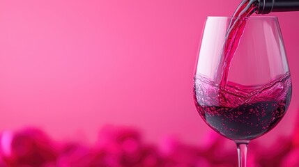Pouring Red Wine into a Glass with Pink Background and Bubbles