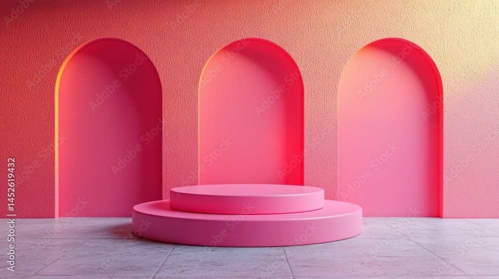 Poster This vibrant space showcases three large arched openings in a pink wall, with a circular platform in the center. Soft lighting enhances the bold colors, creating an inviting atmosphere