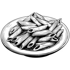 Black sketch of Penne Pasta on plate, old engraving style, vintage Italian meal, hand drawn food art, traditional cuisine vector, rustic dinner sketch, culinary woodcut, classic pasta drawing