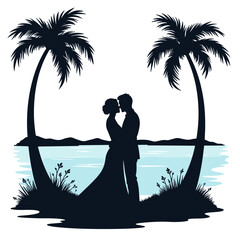 Couple embracing on beach at sunset, wedding invitation design, silhouette style
