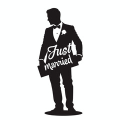 Groom silhouette, just married sign, black and white, wedding celebration, for invitations