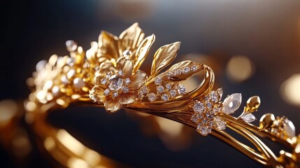 A gold and diamond adorned tiara with a leaf design