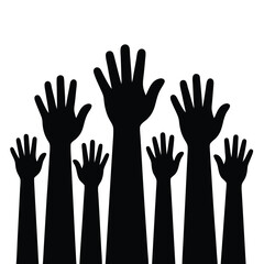 Raised hands black silhouettes, diversity, unity, participation, simple shapes, minimalist artwork, social movement, engagement, group collaboration.