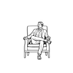 Man in suit relaxing in armchair, monochrome illustration, for website design