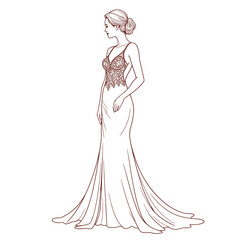 Elegant woman in a wedding gown, line art illustration, maroon tones, for fashion design