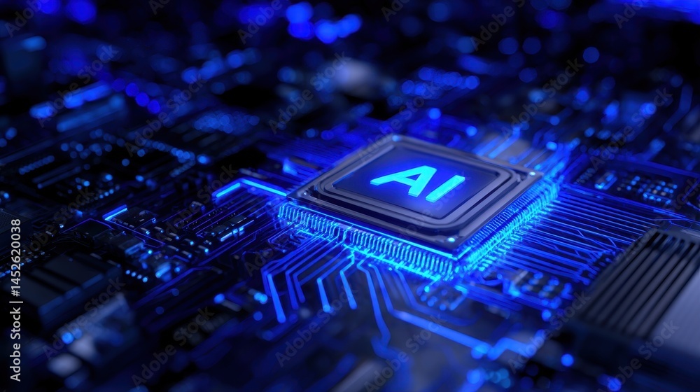 Poster close-up of a glowing ai microchip on a circuit board with blue lighting effects