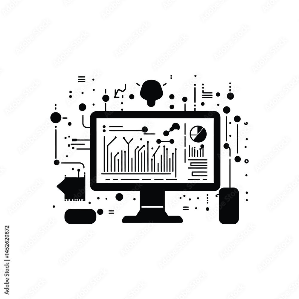 Aufkleber black monitor with data charts, lightbulb, and mouse isolated on transparent background
