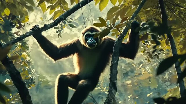 A gibbon swings gracefully from a branch in a lush jungle, sunlight filtering through the leaves
