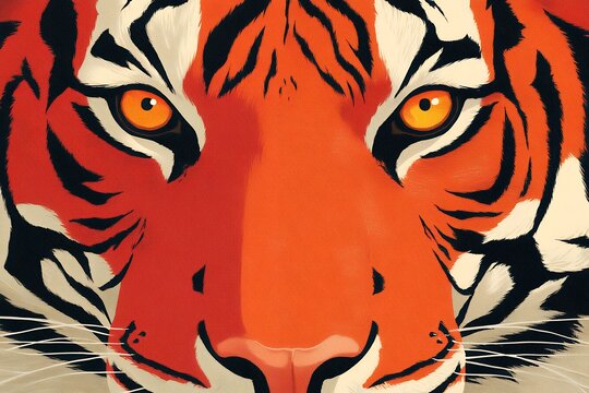 Tiger Face Close-up with Orange Eyes and Black Stripes