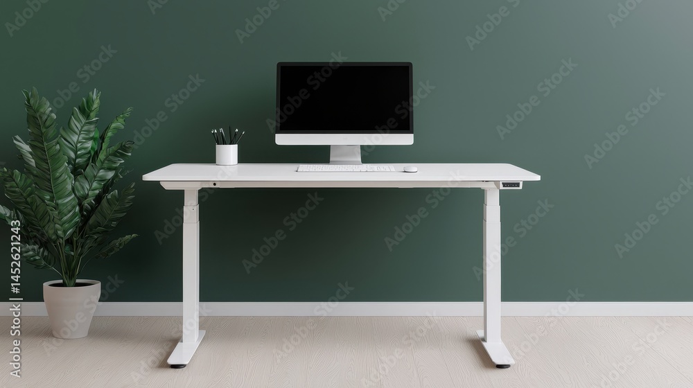 Poster modern home office setup with adjustable desk and computer display