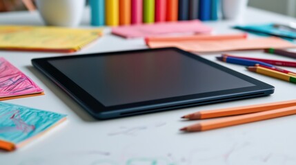 Creative Workspace with Tablet and Colorful Stationery Supplies