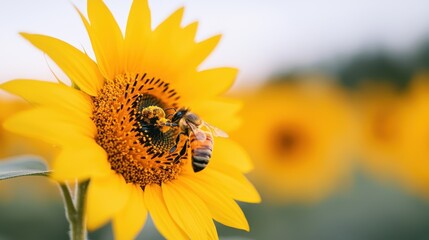 Bee Pollinating Bright Sunflower in Summer Field at Sunrise