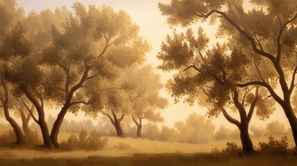 Serene landscape with golden trees under soft light, evoking tranquility and nature's beauty