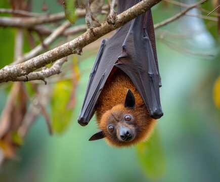 A Malayan flying fox, Pteropus vampyrus, hanging from a tree