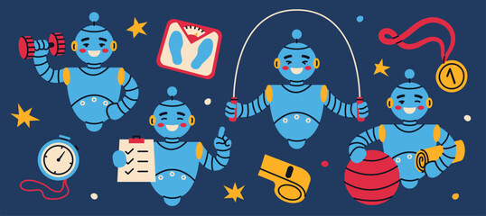 Set of funny cartoon personal trainer robot. Cute futuristic modern character. Technological progress concept. Flat vector illustration isolated on dark background.