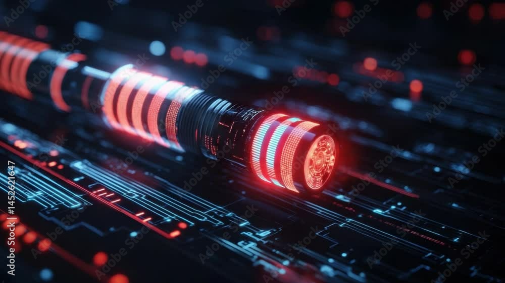 Poster futuristic technology concept with neon lights and abstract circuit patterns in a dark environment