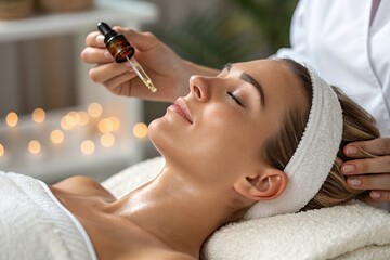 A relaxing facial treatment with essential oil being applied to a woman's face in a spa setting.