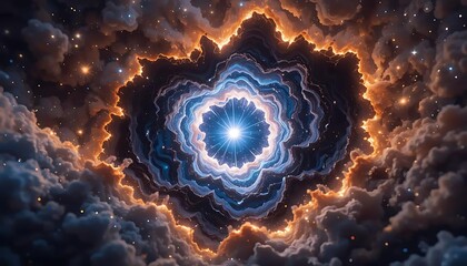 Hyperspace Spacetime Rift Portal
An abstract background depicting a glowing rip in spacetime that reveals a star-packed hyperspace beyond, with deep blue and orange contrast, perfect for sci-fi