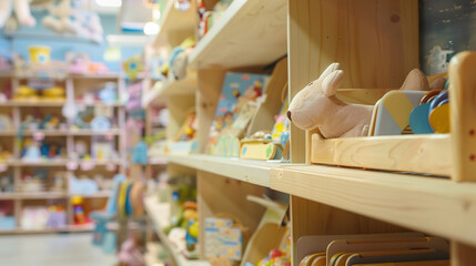 Obraz premium Empty wooden toy shelf with scattered toy blocks, symbolizing childhood memories and minimalist parenting concept. Vintage wooden furniture and nostalgic playroom decor.