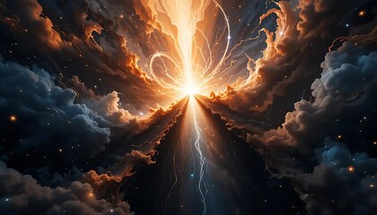 Hyperspace Spacetime Rift Portal
An abstract background depicting a glowing rip in spacetime that reveals a star-packed hyperspace beyond, with deep blue and orange contrast, perfect for sci-fi