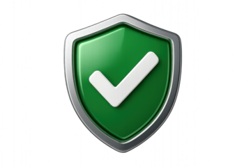 Green shield with tick icon isolated on transparent background.