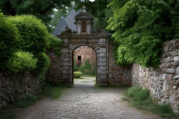 Stone Archway Leading to Historic Building in Lush Green Setting