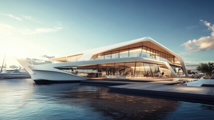 Fototapeta premium Luxury Yacht House at Sunset: Modern Architecture, Waterfront Living