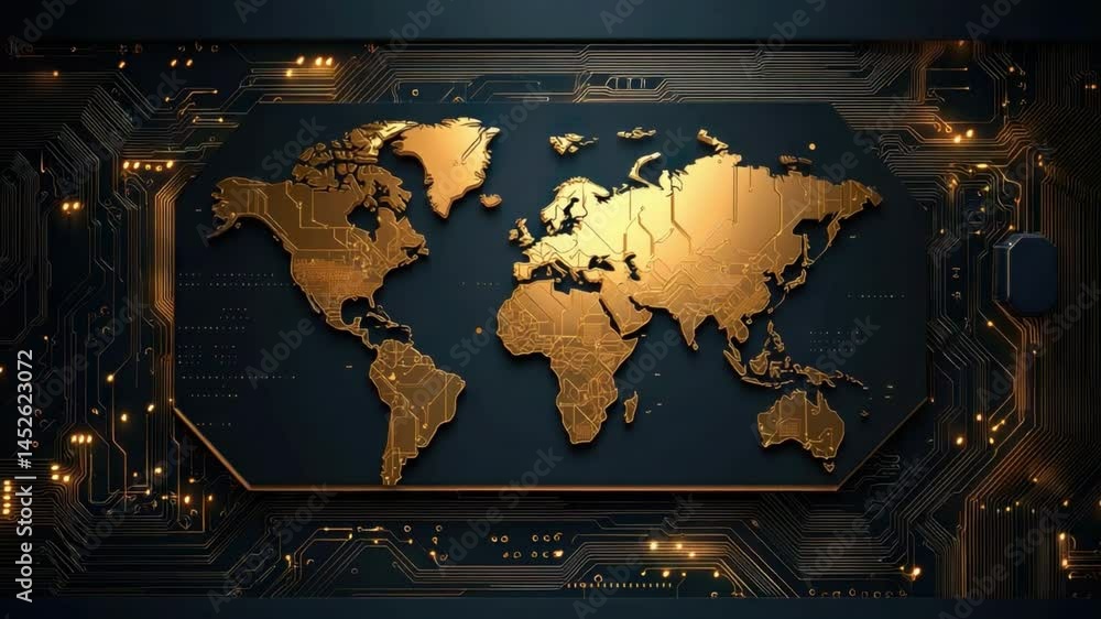 Poster golden world map on dark background with circuit patterns and electronic elements for technology con