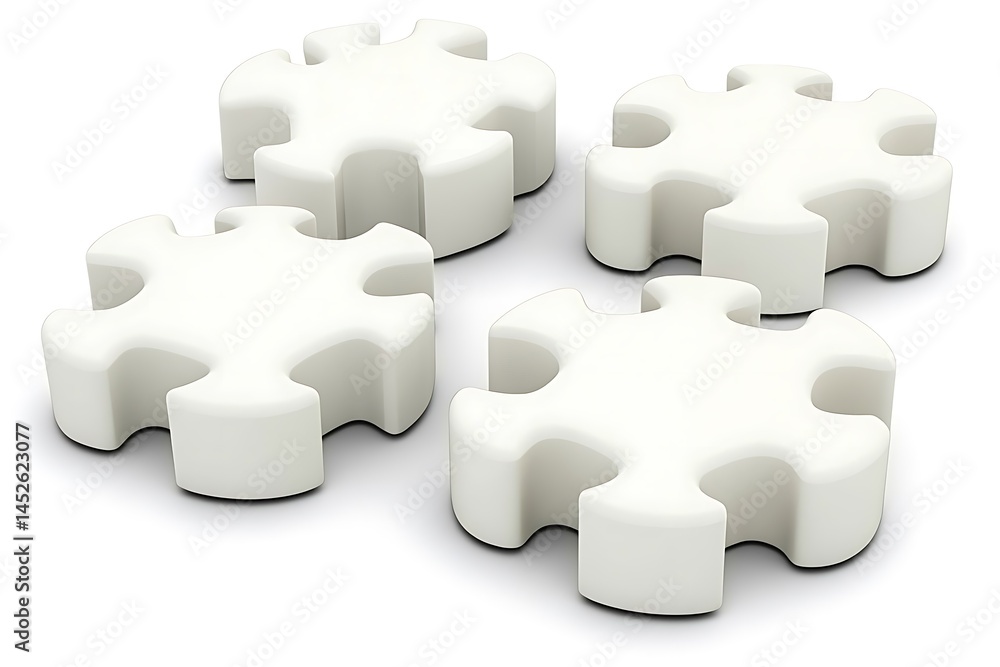 Poster conceptual arrangement of interlocking jigsaw puzzle pieces in white color emphasizing problem solvi
