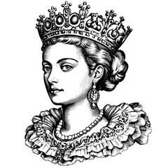 Vintage queen portrait, woodcut engraving vector, old sketch style, trendy royal lady, antique monarch art, historic empress, retro queen figure, classic etching line art © Vintage studio
