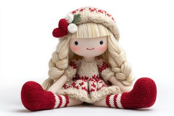 Fototapeta premium Knitted Rag Doll with Blonde Braid in Red and White Outfit on White Background