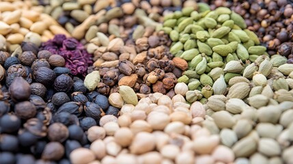 Fototapeta premium Assorted Spices and Seeds Collection, Closeup of Diverse Aromatic Grains