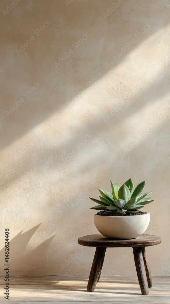 Poster a succulent plant sits elegantly in a round pot on a rustic table, bathed in soft sunlight that high