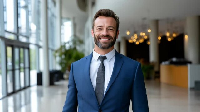 Confident businessman smiling in a modern office setting with natural light.