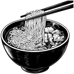 Vintage Ramen Noodles in a Bowl, black sketch, old engraving style, hand drawn, Asian food vector illustration, traditional Japanese meal, rustic ink art, antique etching look,